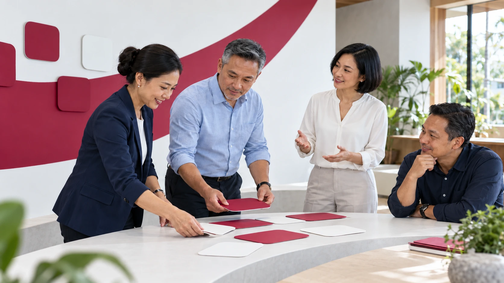 Indonesian professionals building capability together in an Academy learning lab with curved raspberry graphics and practical strategy cards.