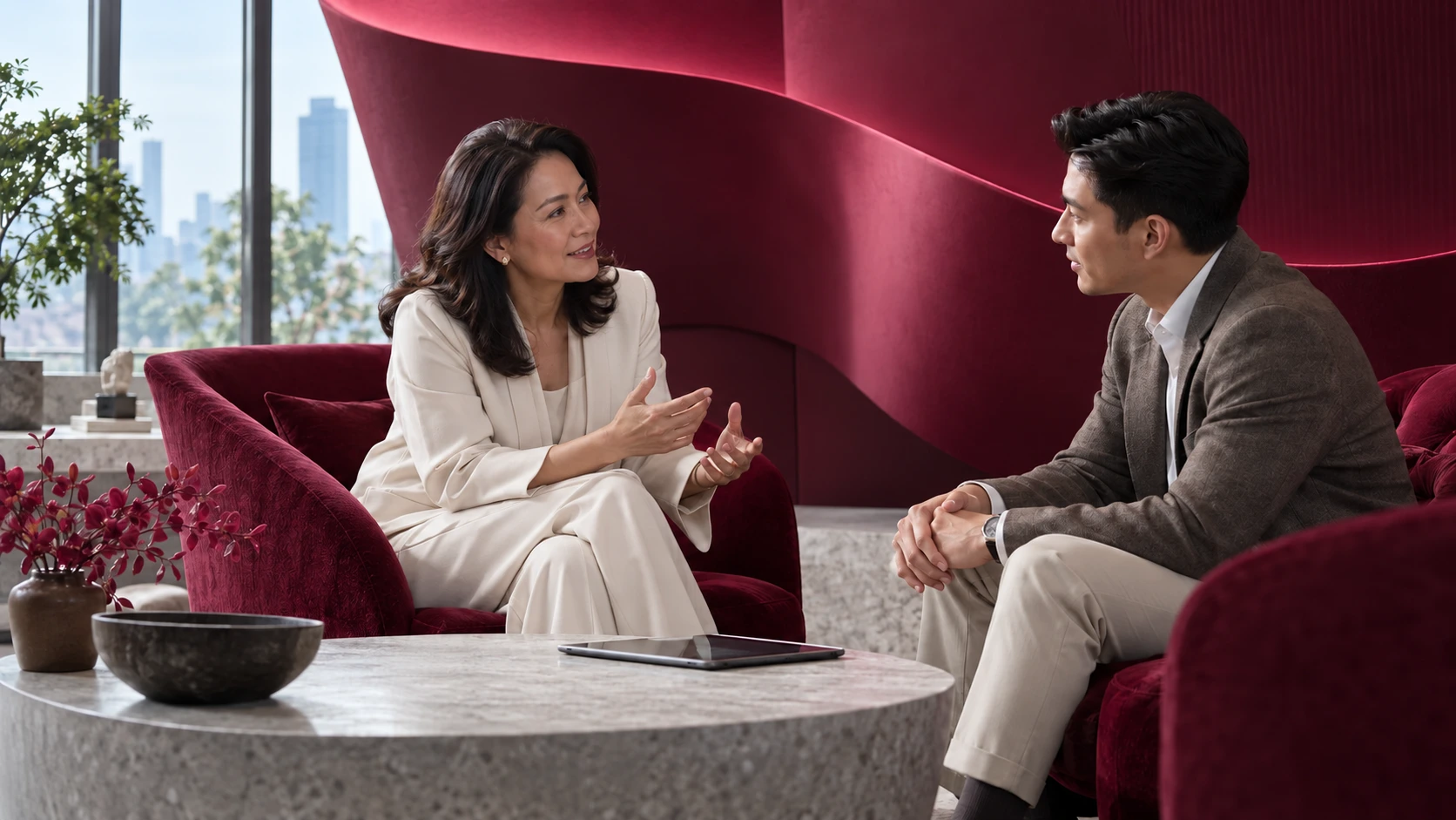 Coaching conversation in a branded editorial layout with neutral ivory and raspberry tones.