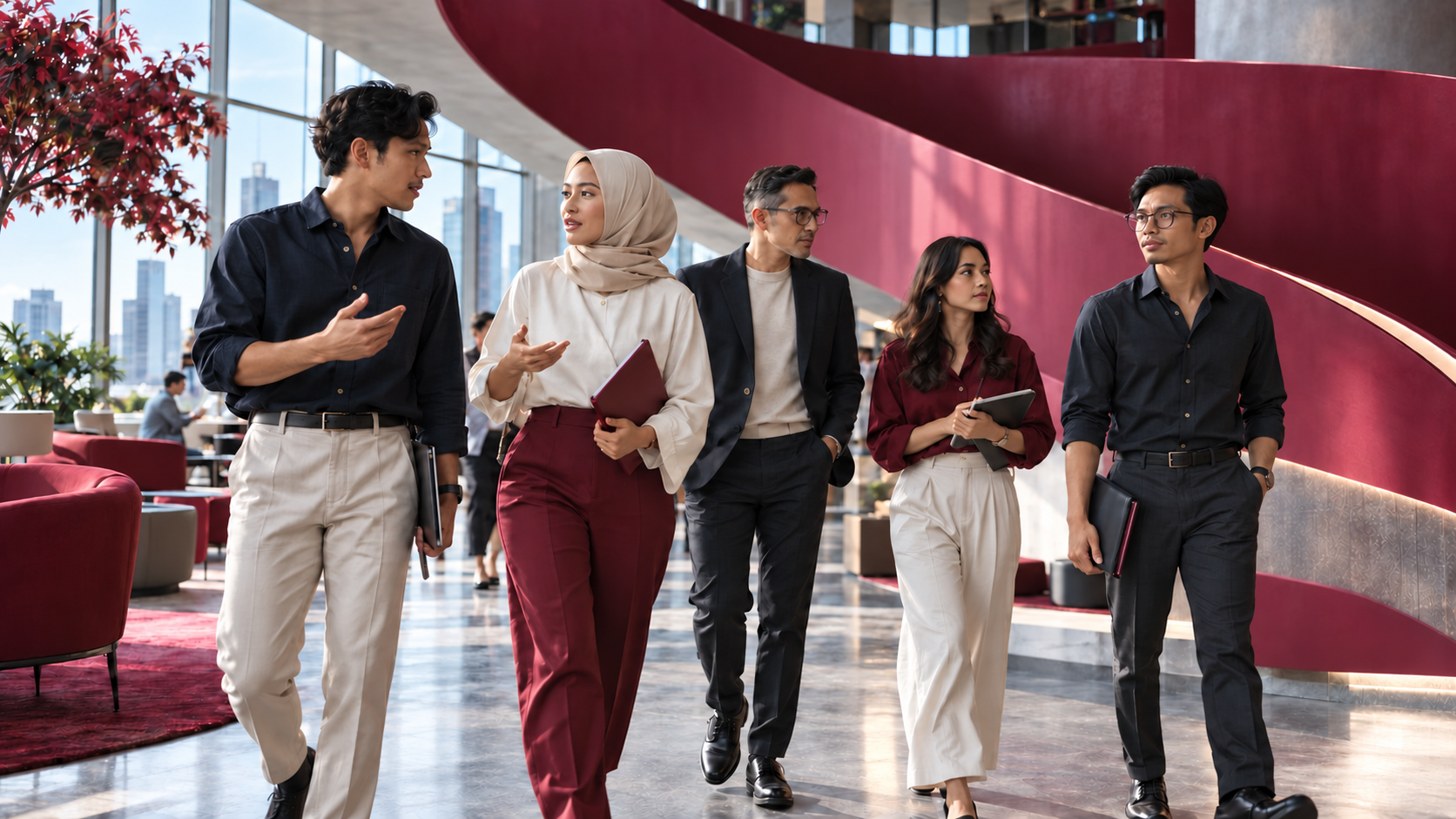 Academy professionals walking together, with the logo and Move forward. Together. campaign directly over the photograph.