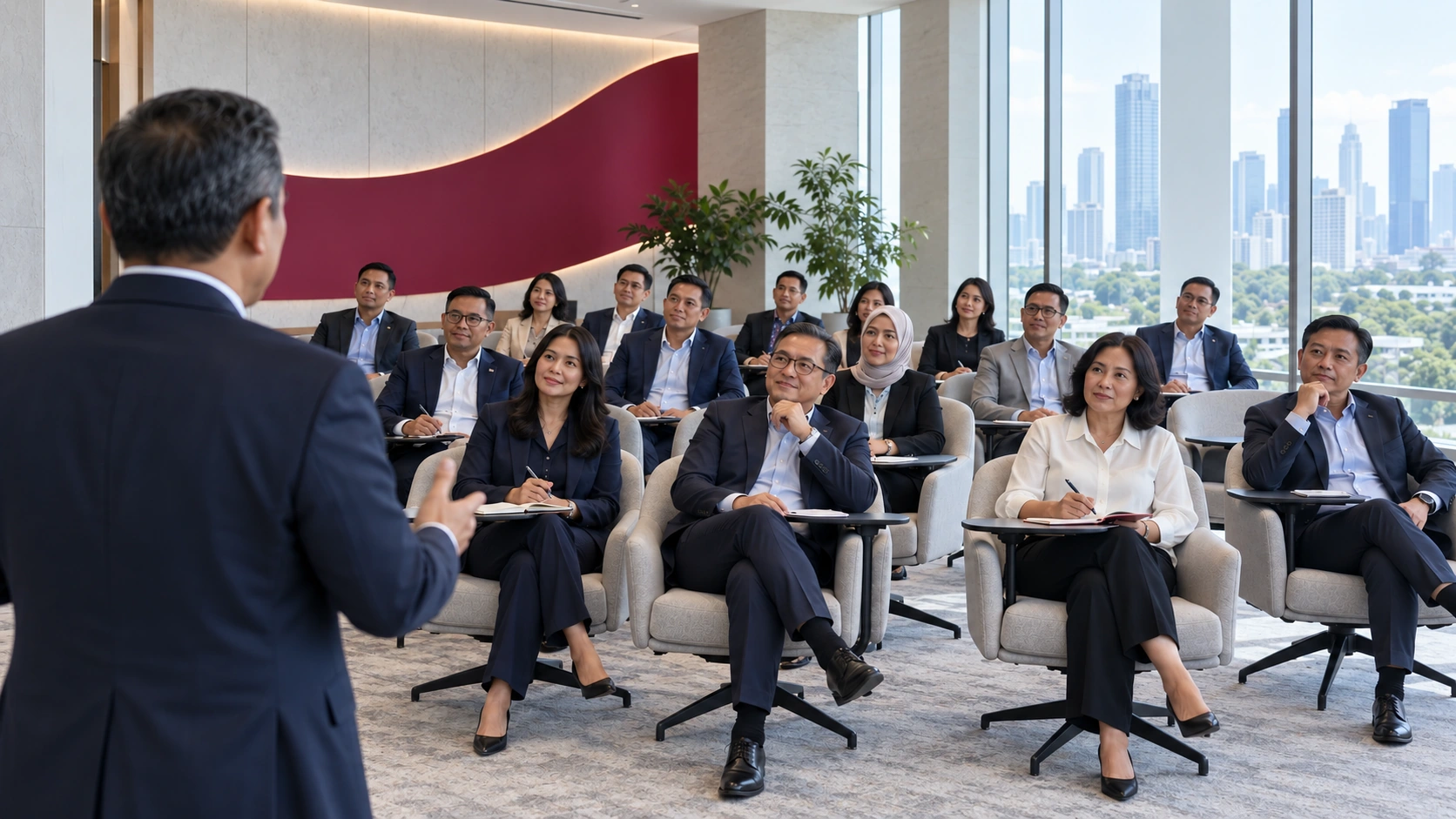An Academy trainer seen from behind, leading a full audience of Indonesian executives in a bright classroom with neutral daylight.