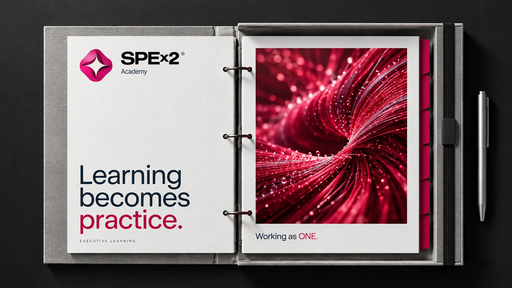 Open Academy binder with Learning becomes practice and raspberry brand imagery.