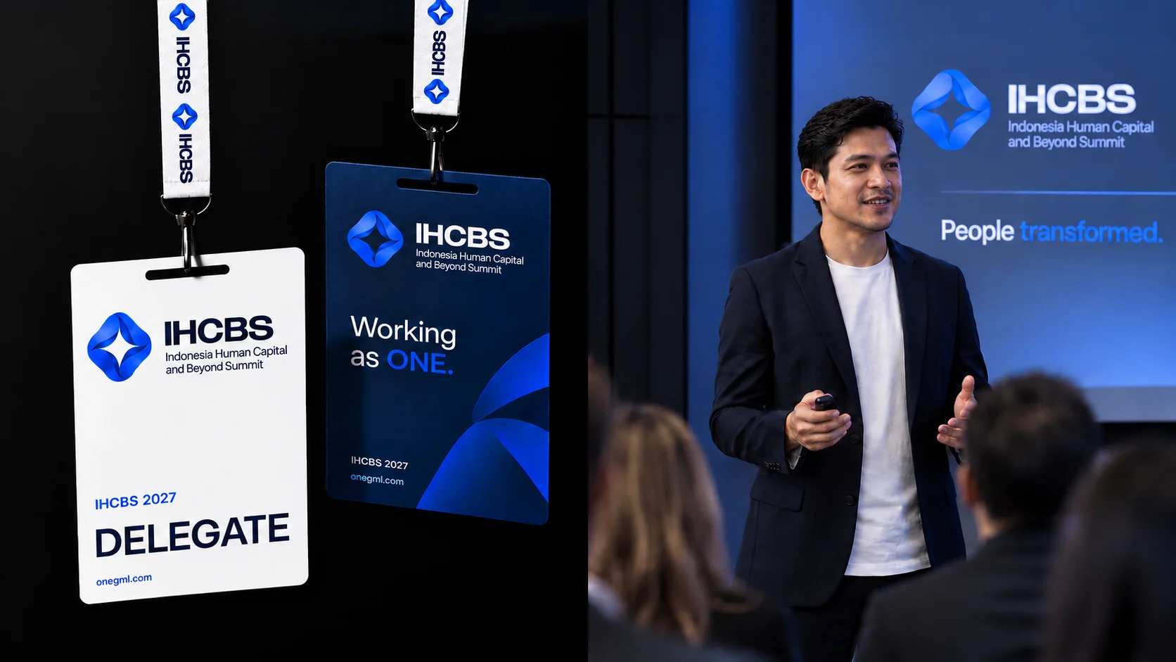 IHCBS 2027 delegate badges and a credential worn on a navy suit. Human and AI. Working as ONE.