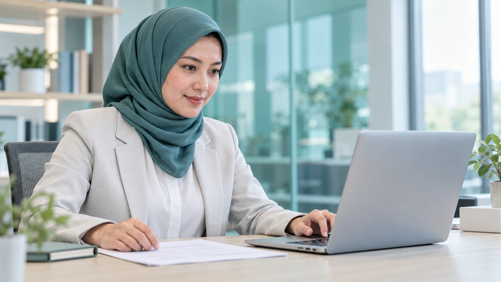 An assessment professional in a teal hijab reviewing materials at her laptop in a bright office.