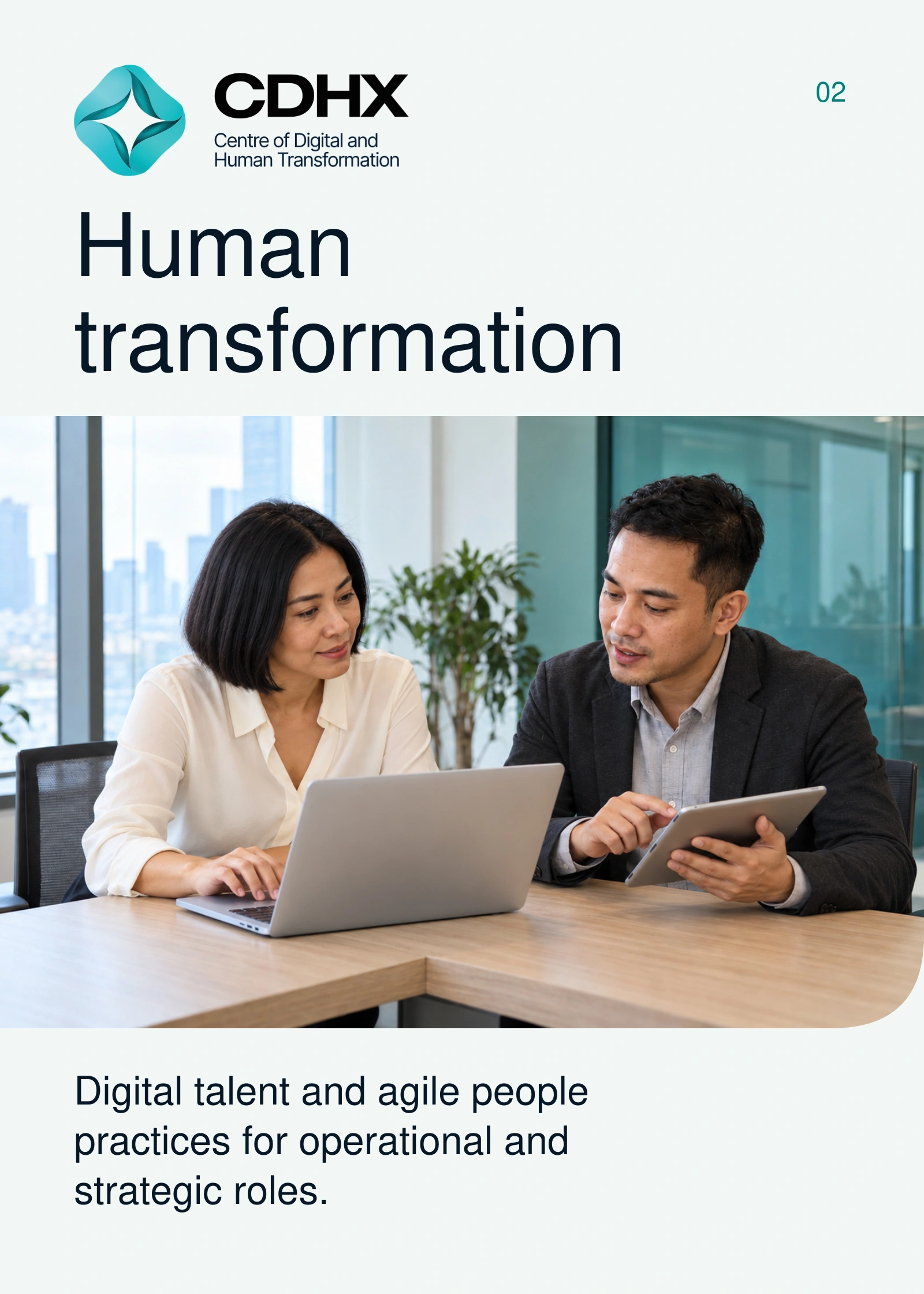 CDHX — Human transformation. Two professionals actively using a laptop and tablet.