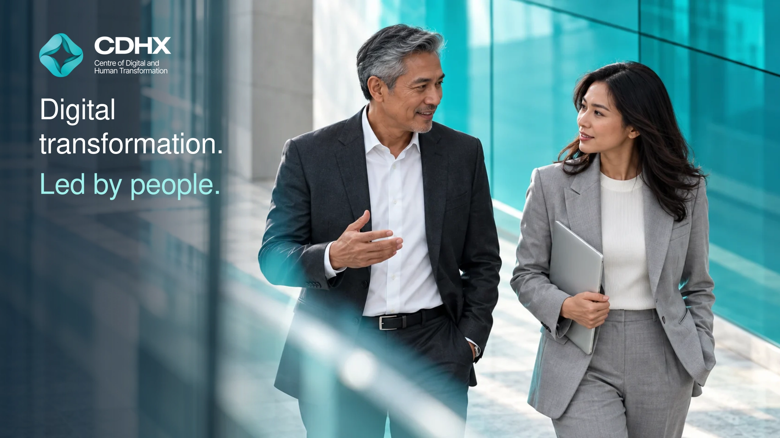 Digital transformation. Led by people. CDHX campaign with the logo and headline directly over the original photograph.