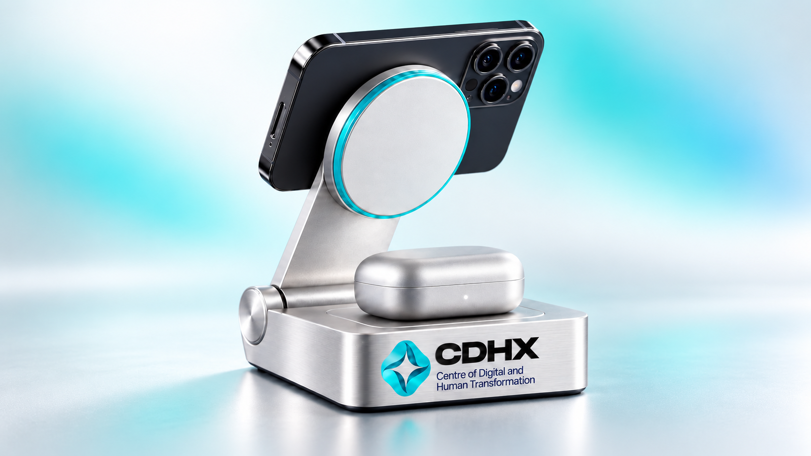 CDHX-branded silver and teal wireless charging station.