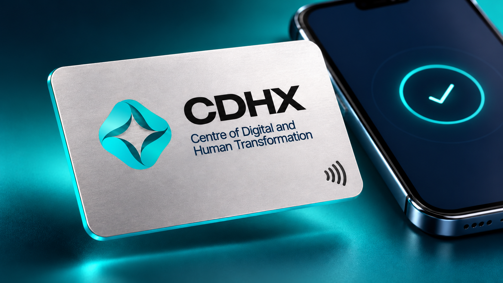 A silver CDHX NFC card beside a smartphone.