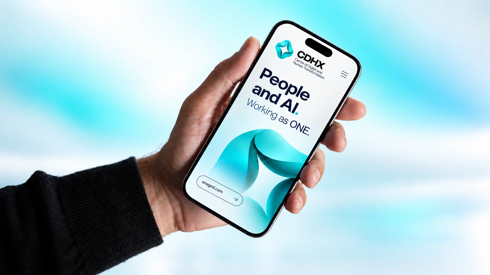 A hand holding a phone displaying the CDHX brand and People and AI message.