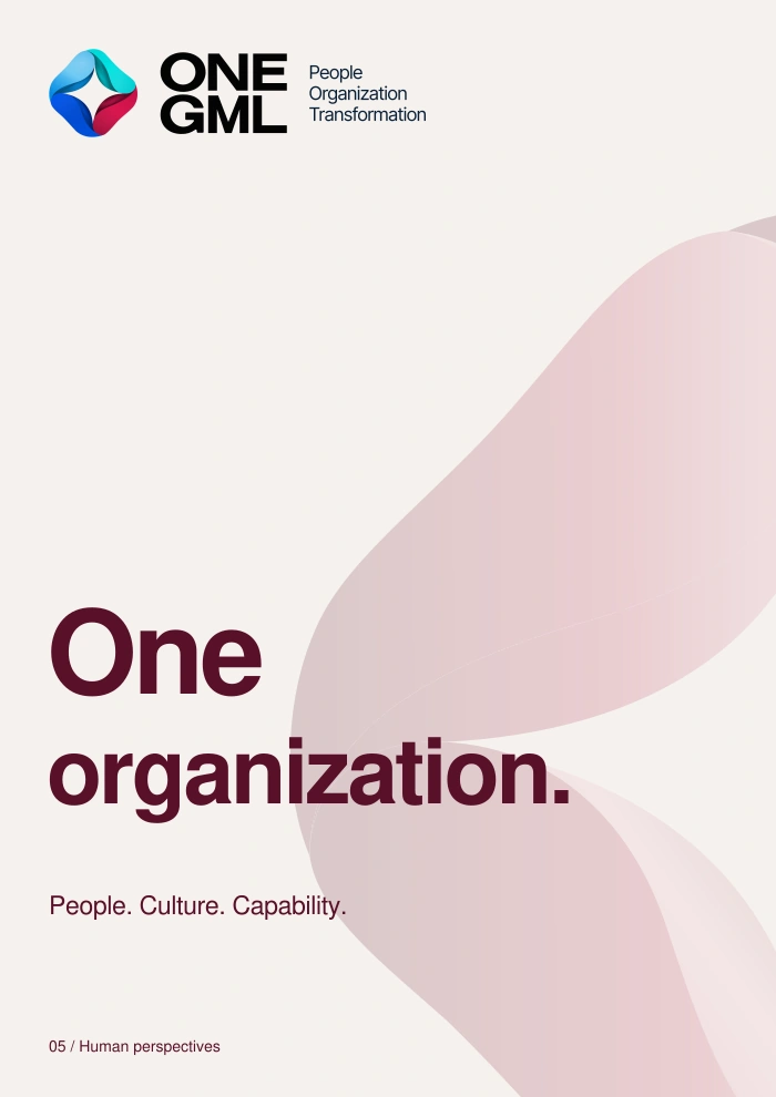 One organization. An ivory editorial visual with burgundy typography and oversized translucent ONE GML brand folds.