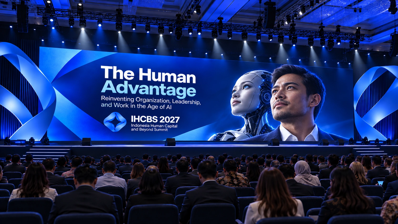 The Human Advantage. Panoramic IHCBS 2027 main stage with cinematic portraits of an Indonesian leader and a humanoid AI.