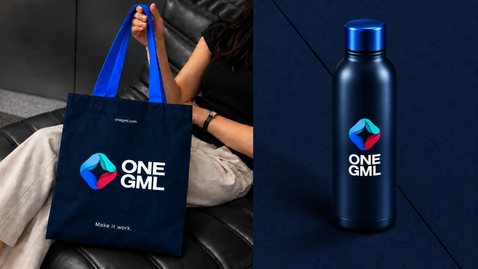 The ONE GML navy tote bag beside a premium branded insulated bottle with a cobalt cap.