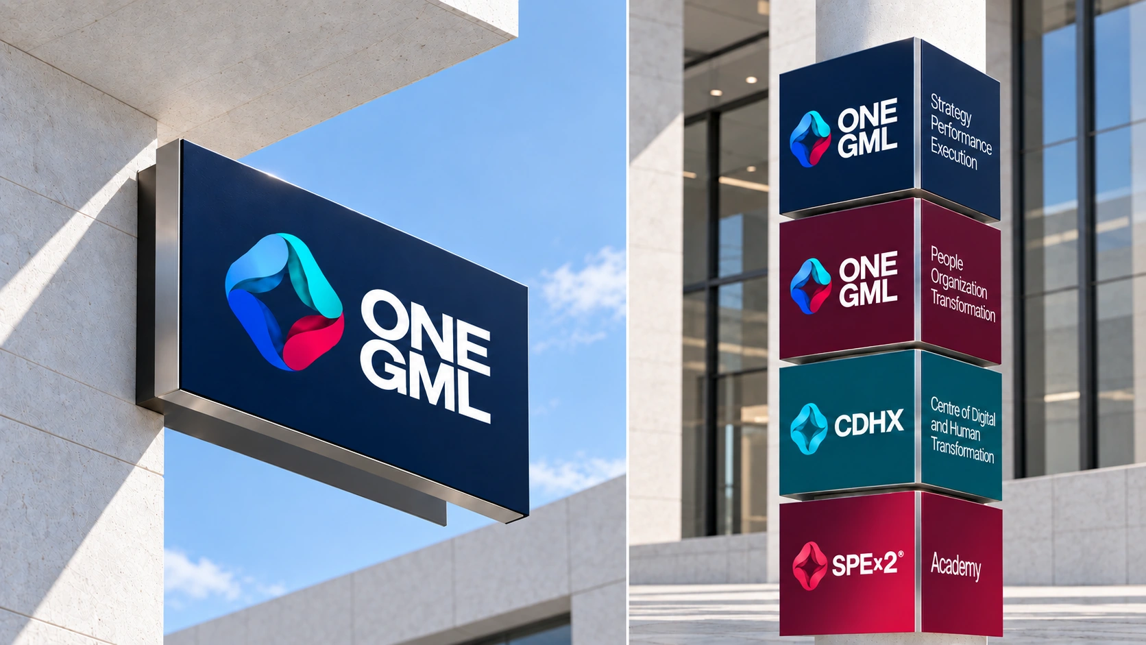 ONE GML navy architectural plaque beside four coordinated cube signs with brand logos on the front and descriptors on their side faces.