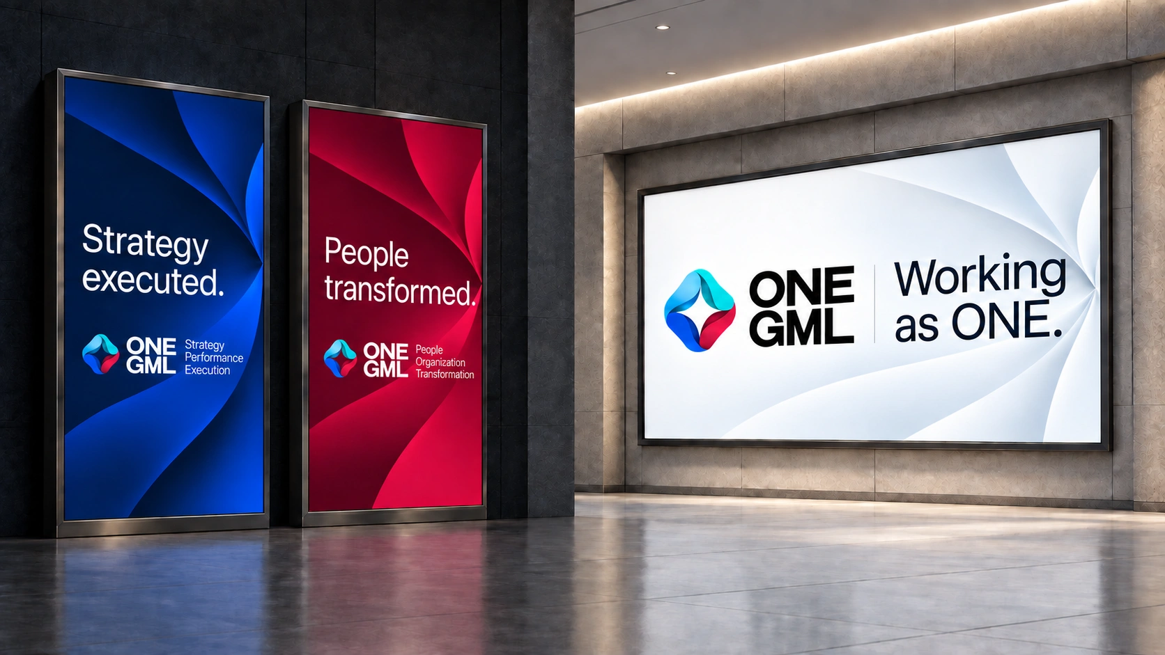 ONE GML and its two service lines presented together in an architectural poster installation.