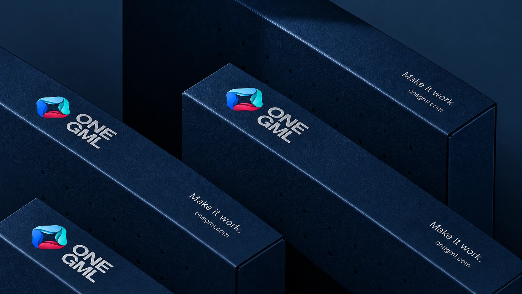 Navy ONE GML boxes photographed in raking light.