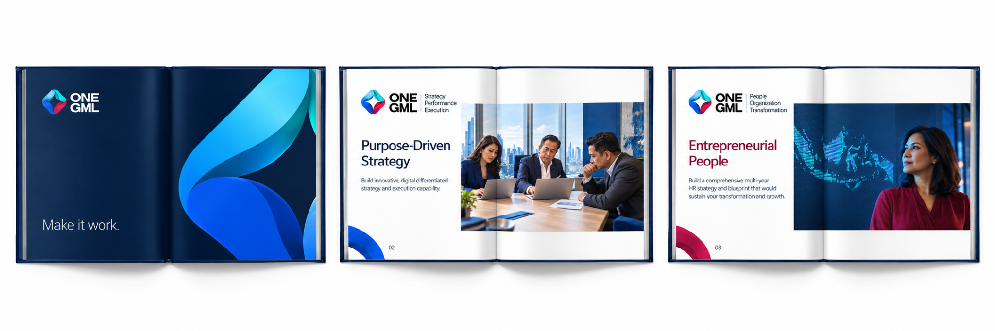 Three aligned open ONE GML brochures: master brand shapes, Strategy Performance Execution, and People Organization Transformation, with distinct supplied photographs and copy from the official ONE GML website.
