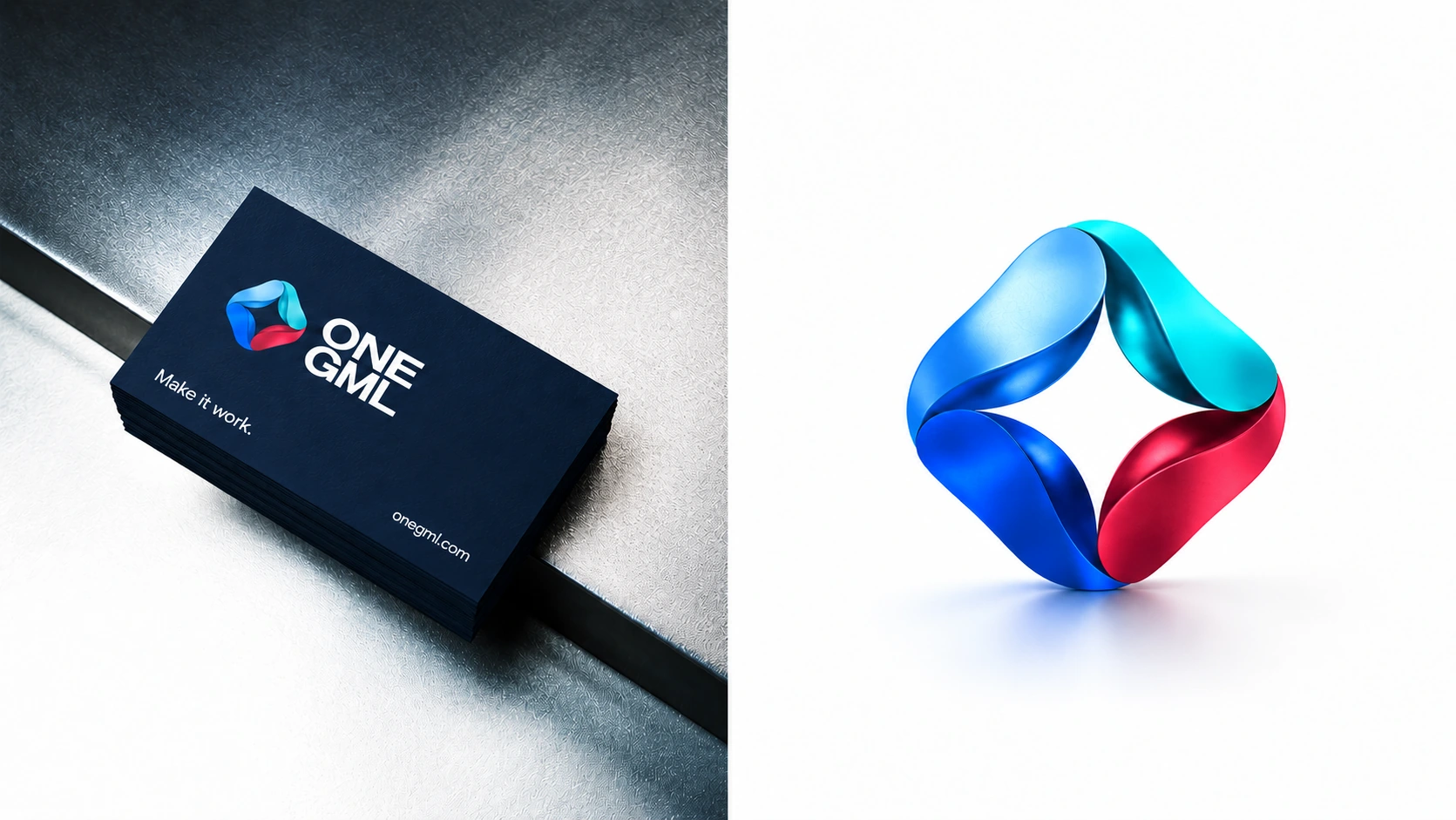 ONE GML business card and the original sculptural brand symbol.