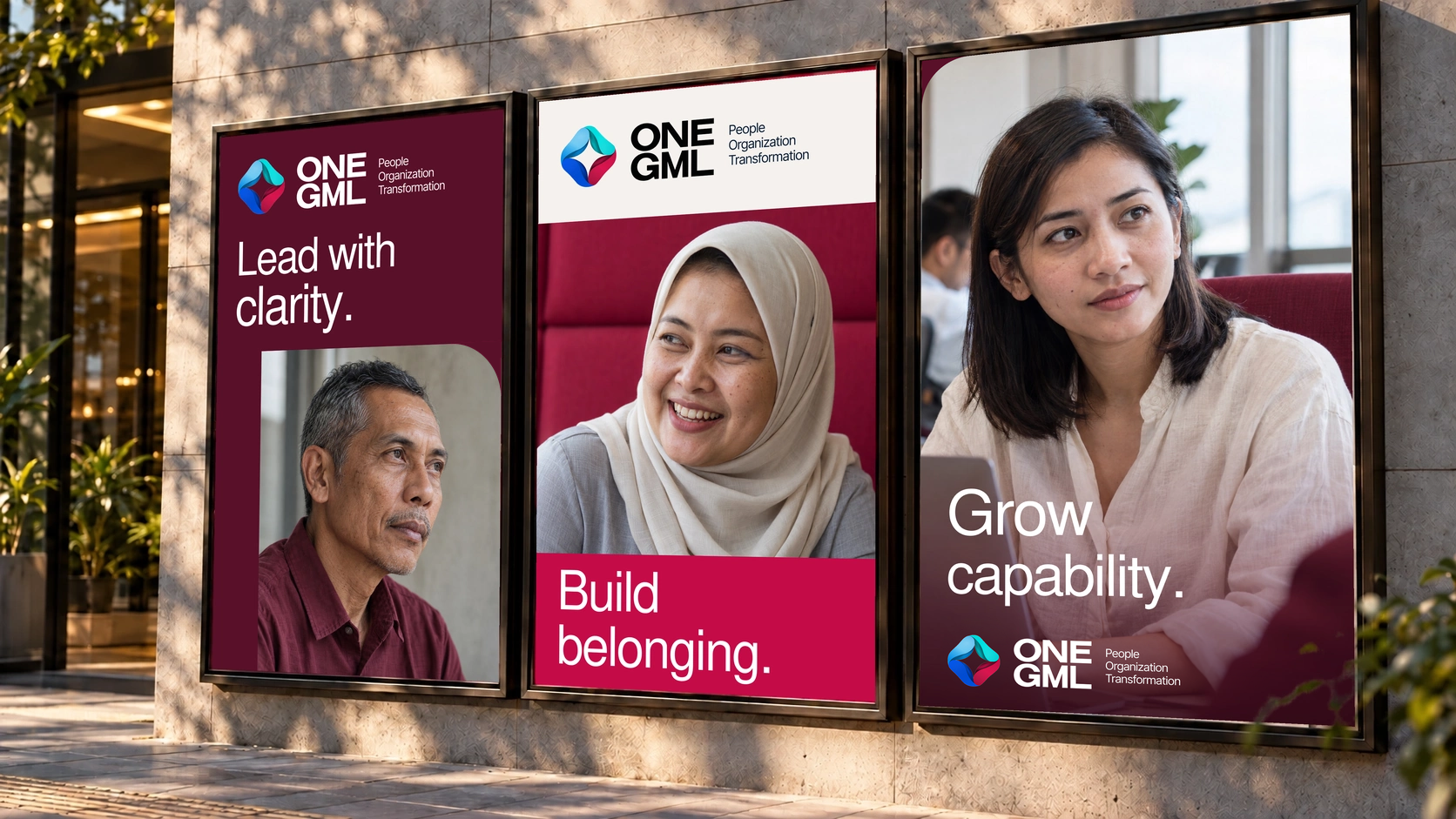 Three ONE GML Human Transformation photographic panels with clear logos, clean burgundy and raspberry fields, and a rounded corner on the male portrait.