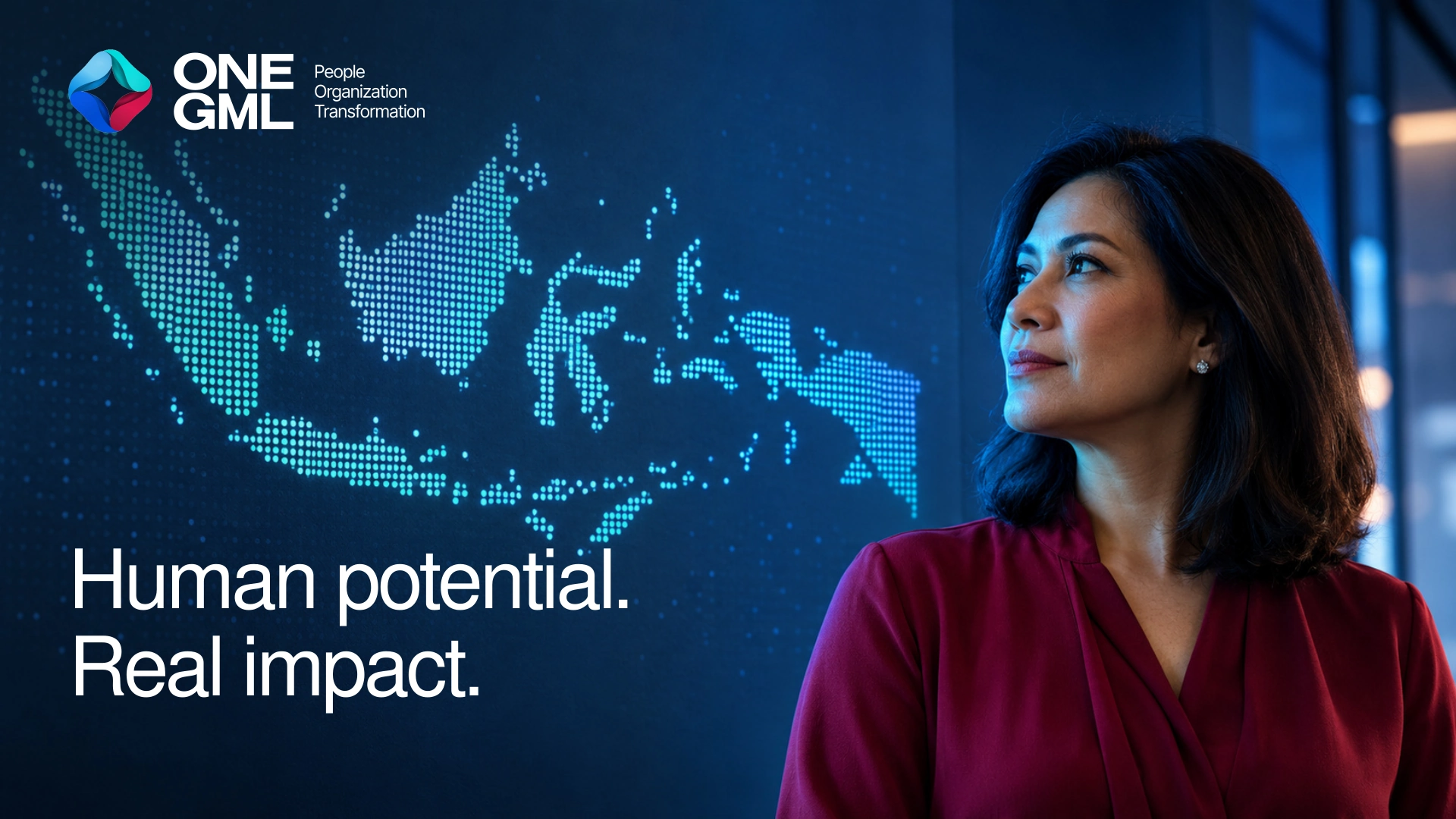 The supplied ONE GML portrait of a woman in burgundy looking toward a digital map of Indonesia. Human potential. Real impact.