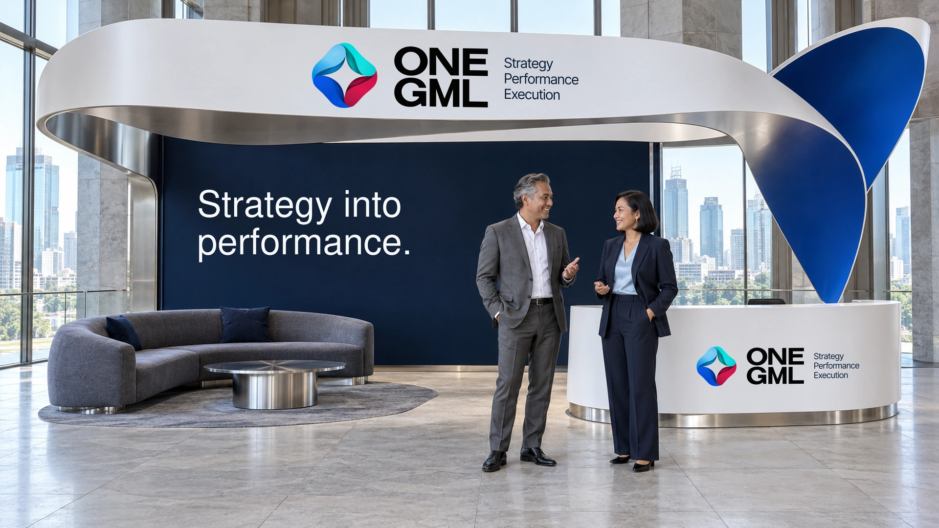 ONE GML Strategy pavilion in white, cobalt and platinum, with two Indonesian executives in conversation and a strategy-to-performance message.